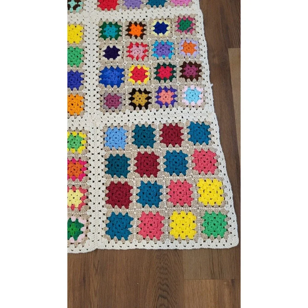 Handmade Crochet Granny Square Afghan Throw Blanket Multicolor 45x47 Cottage
